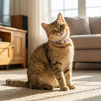 Cat sitting on a carpeted floor in a living room