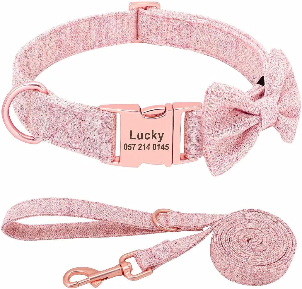 Moca™ Pink Bowtie Personalised Dog Collar and Lead set with Custom Engraved Nameplate
