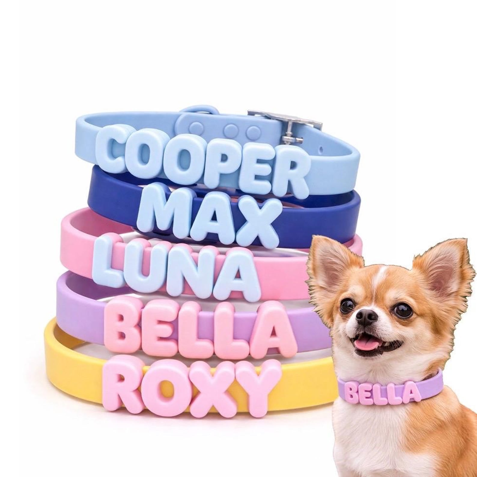 Stack of colorful dog collars with personalized names next to a small dog wearing a pink collar.