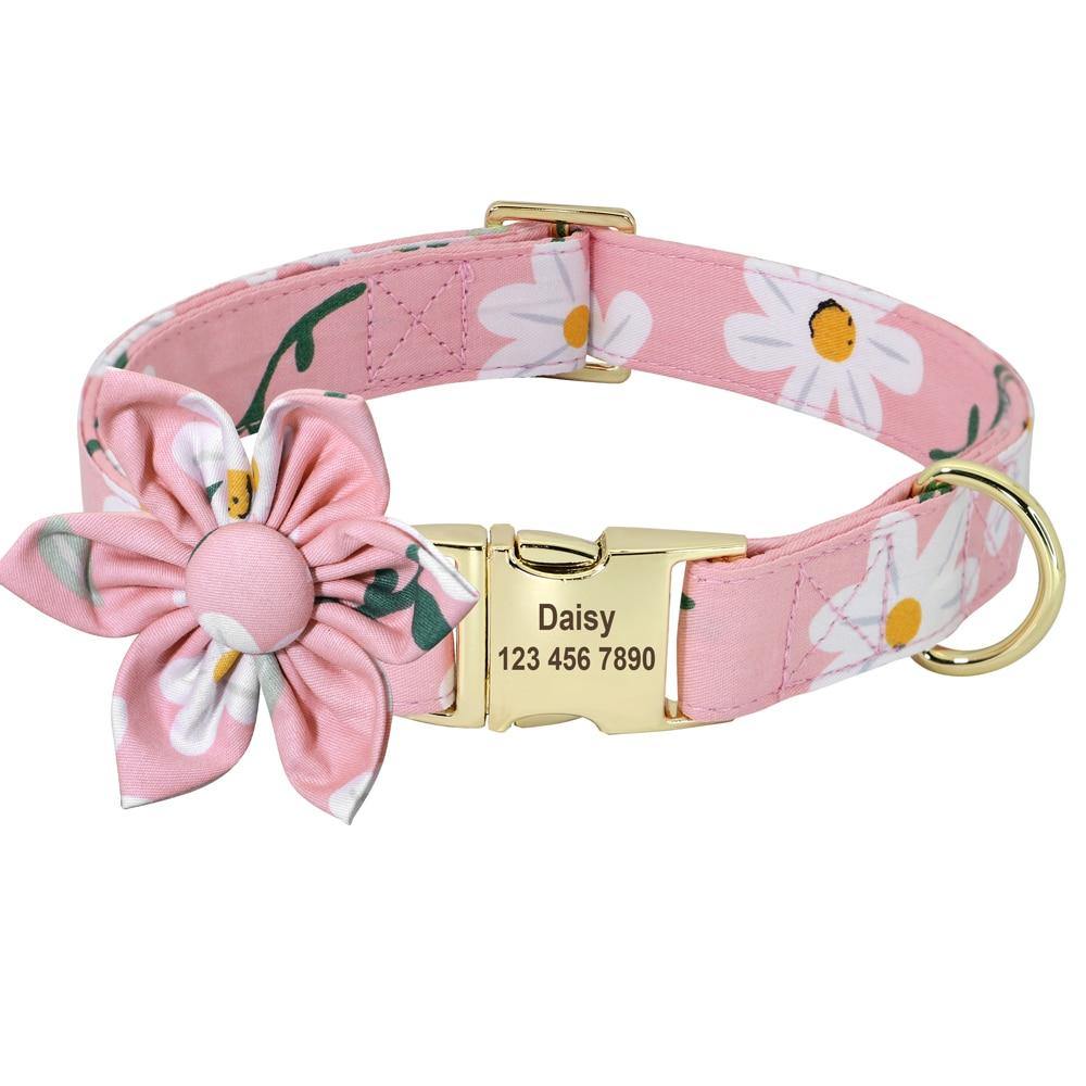 Pink floral dog collar with gold buckle and engraved nameplate on a white background