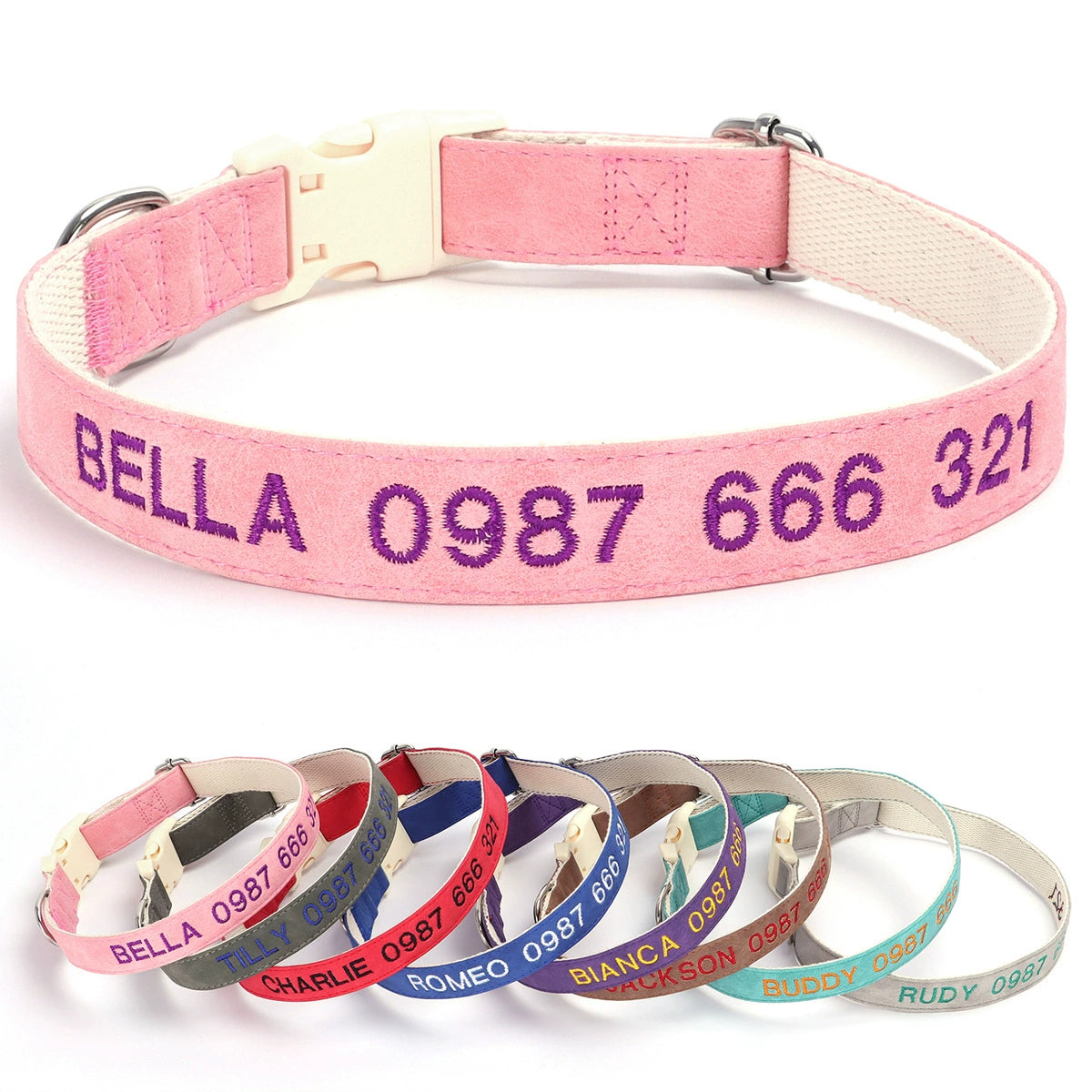 Pink dog collar with embroidered text and multiple color options displayed below on a white background.