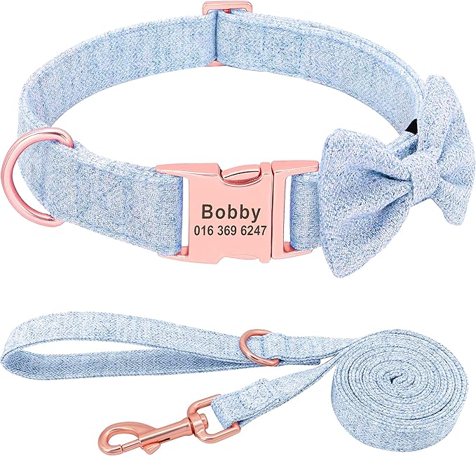 Moca™ Pink Bowtie Personalised Dog Collar and Lead set with Custom Engraved Nameplate