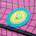 Toy disc with tennis ball design on a pink and black net background