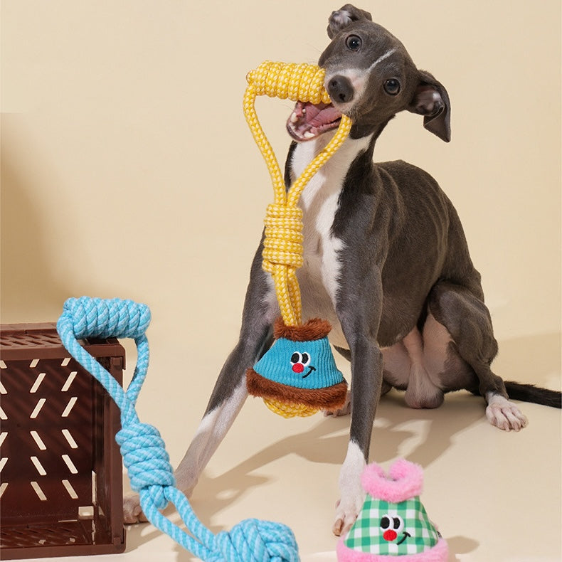 Dog playing with a yellow rope toy on a beige background