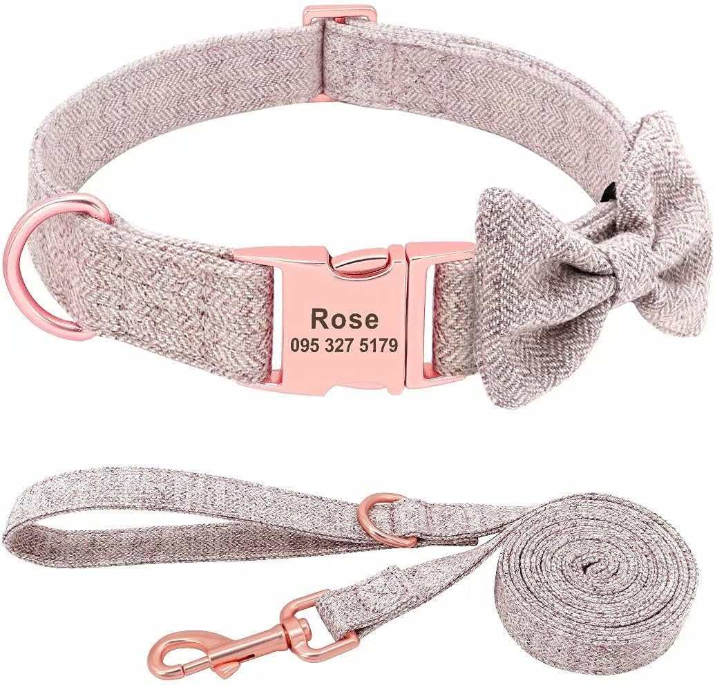 Moca™ Pink Bowtie Personalised Dog Collar and Lead set with Custom Engraved Nameplate
