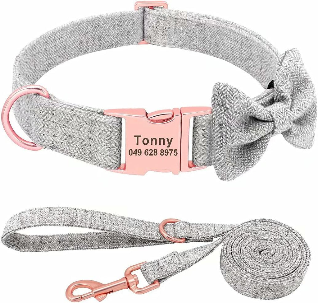 Gray dog collar and leash set with pink hardware on a white background
