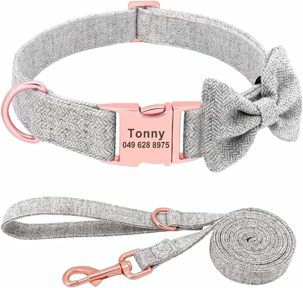 Moca™ Pink Bowtie Personalised Dog Collar and Lead set with Custom Engraved Nameplate