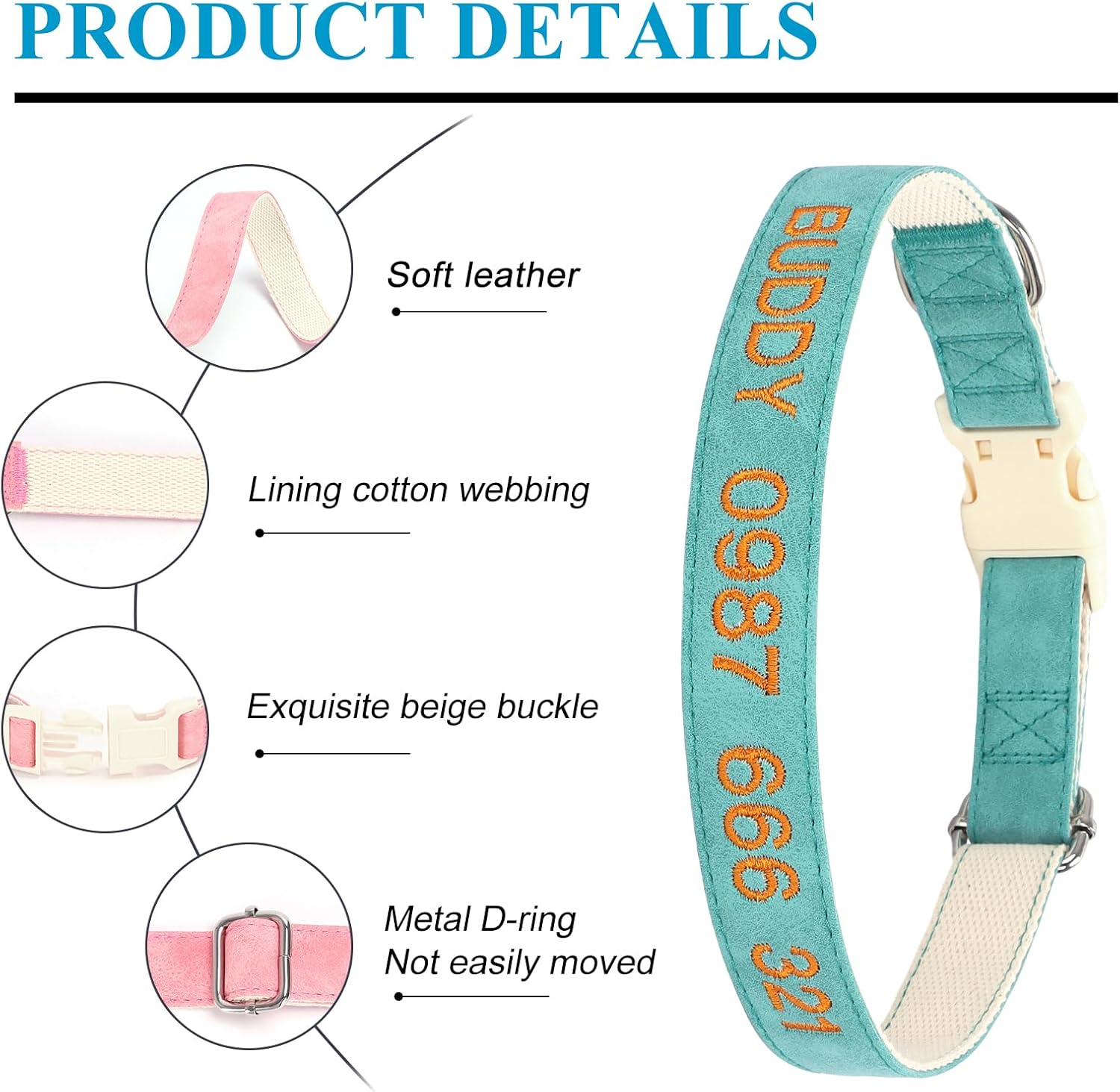 Teal dog collar with orange text and features highlighted on a white background