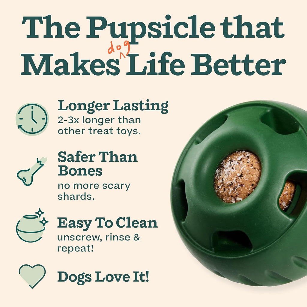 Green dog toy with text highlighting its benefits on a light background