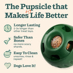 Green dog toy with text highlighting its benefits on a light background