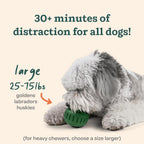 Dog playing with a green toy, text indicating 30+ minutes of distraction for large dogs.