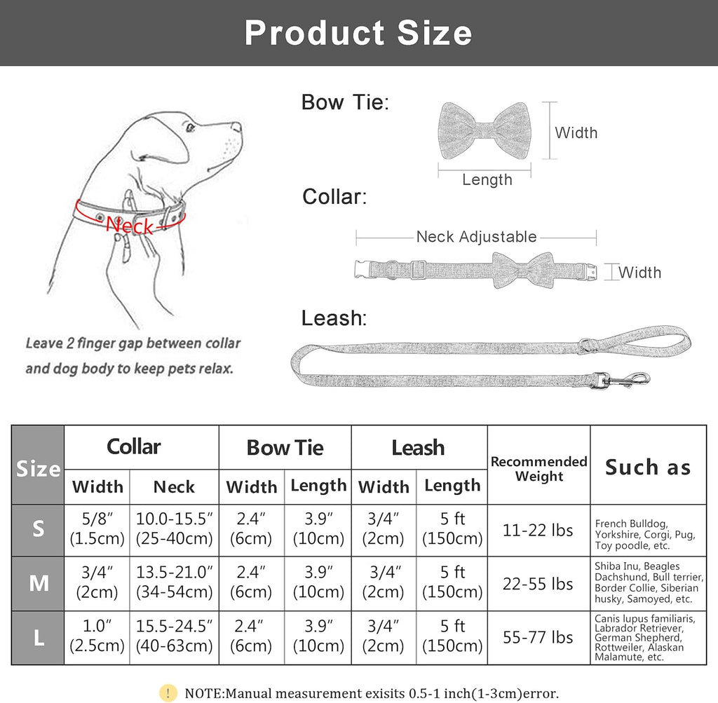 Measurement chart for dog collars, bow ties, and leashes with illustrations and size guide.