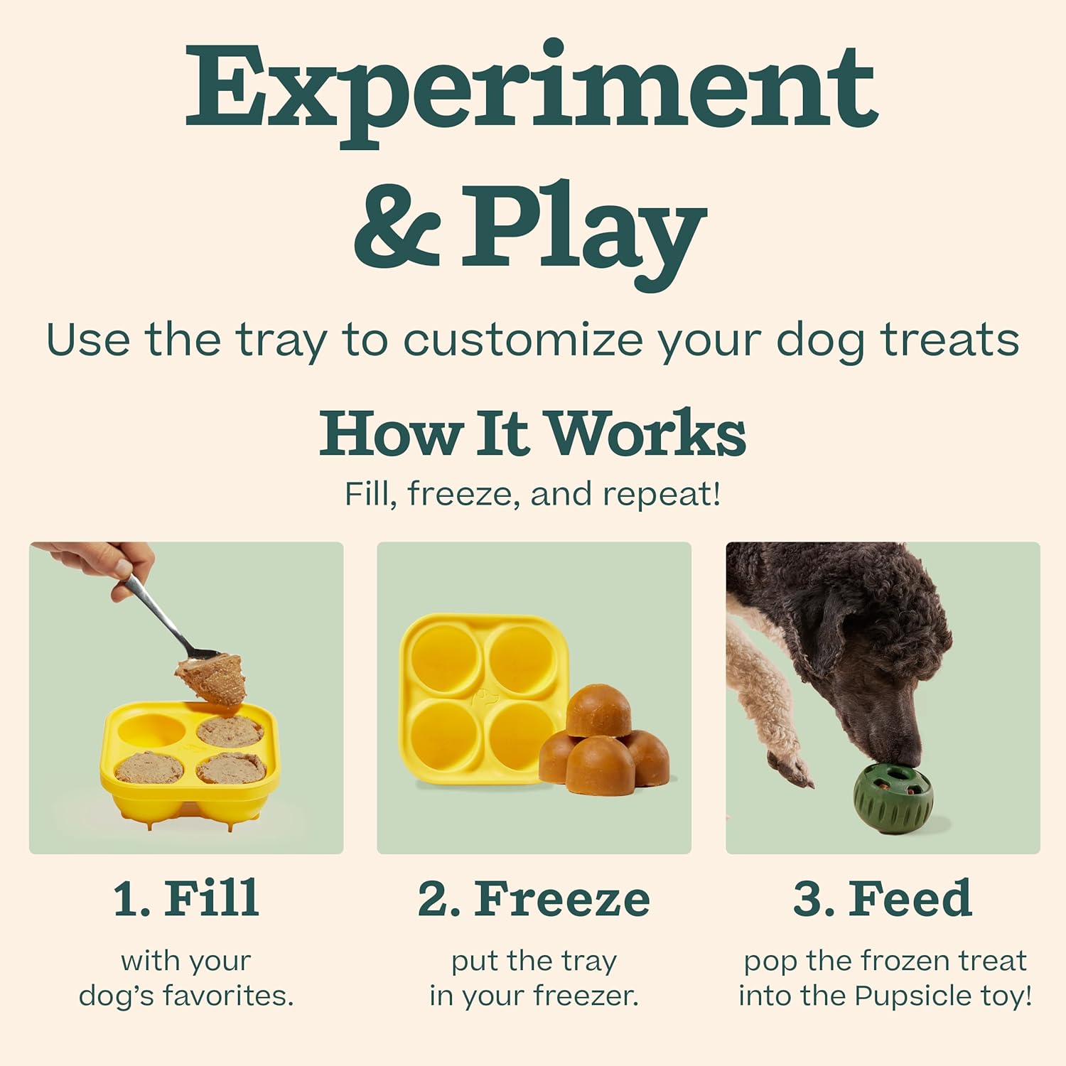 Instructions for using a dog treat tray with images of filling, freezing, and feeding.