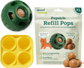 Green dog toy, yellow mold, and packaging of Pupsicle Refill Pops on a white background