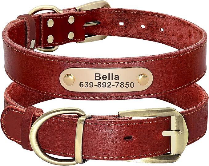 Moca™ Personalized Soft Leather Dog Collar with Custom ID Tag for Medium Large Dog