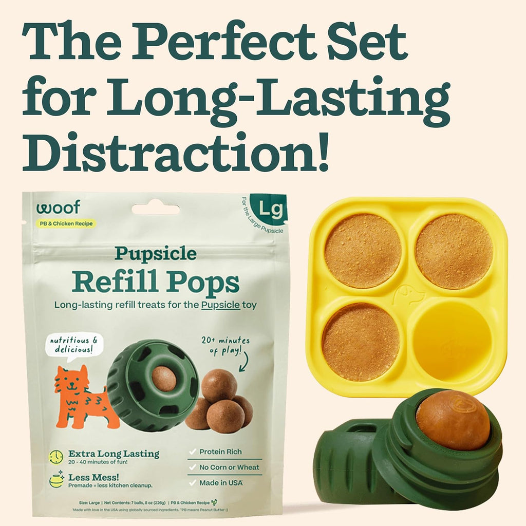 Pupsicle refill pops packaging with a yellow mold and green toy on a beige background.
