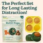 Pupsicle refill pops packaging with a yellow mold and green toy on a beige background.