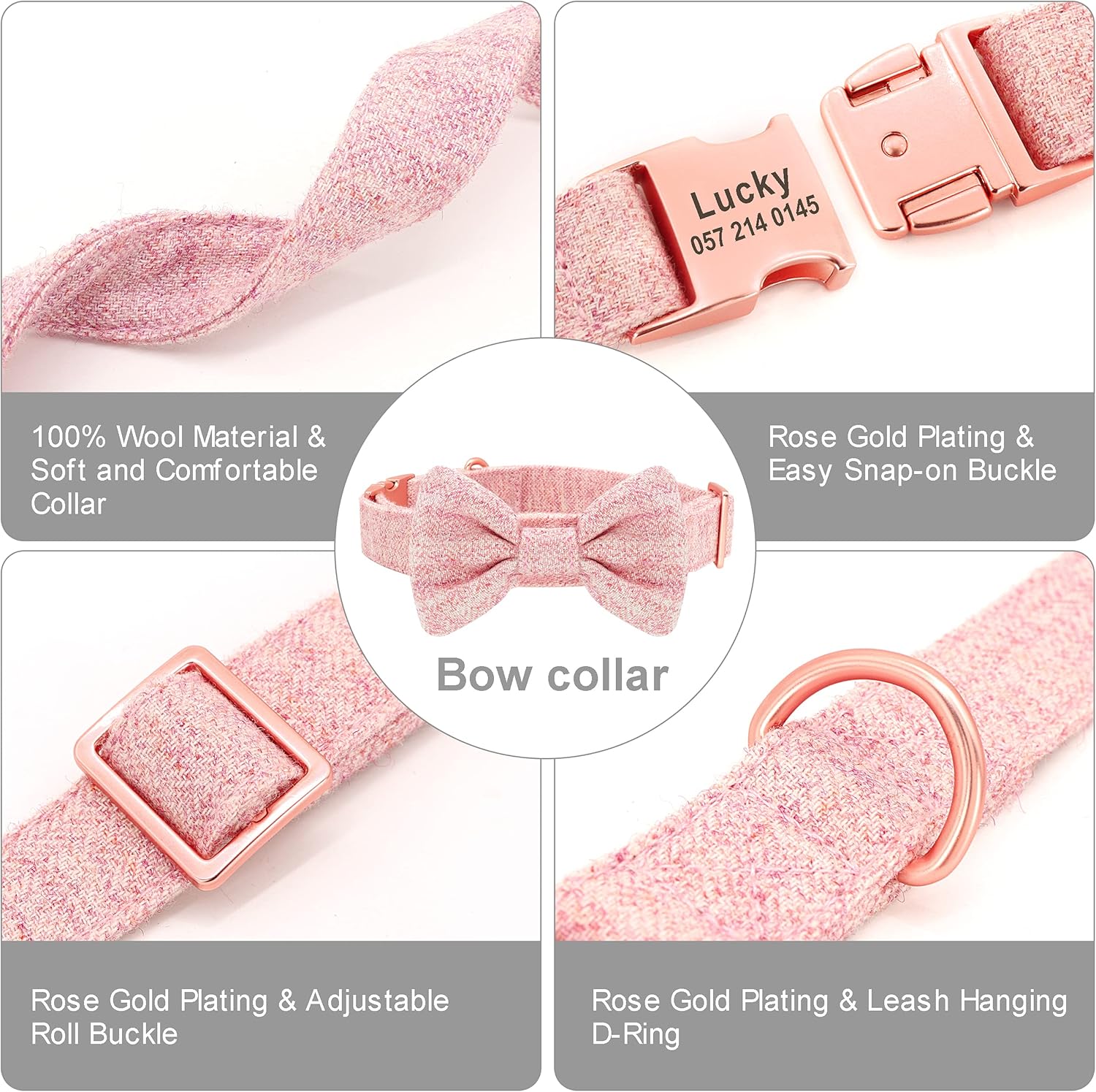 Moca™ Pink Bowtie Personalised Dog Collar and Lead set with Custom Engraved Nameplate