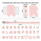 Measurement chart for pink letter 'R' and related accessories with dimensions and compatibility details.