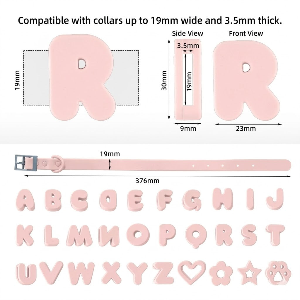 Measurement chart for pink letter 'R' and related accessories with dimensions and compatibility details.