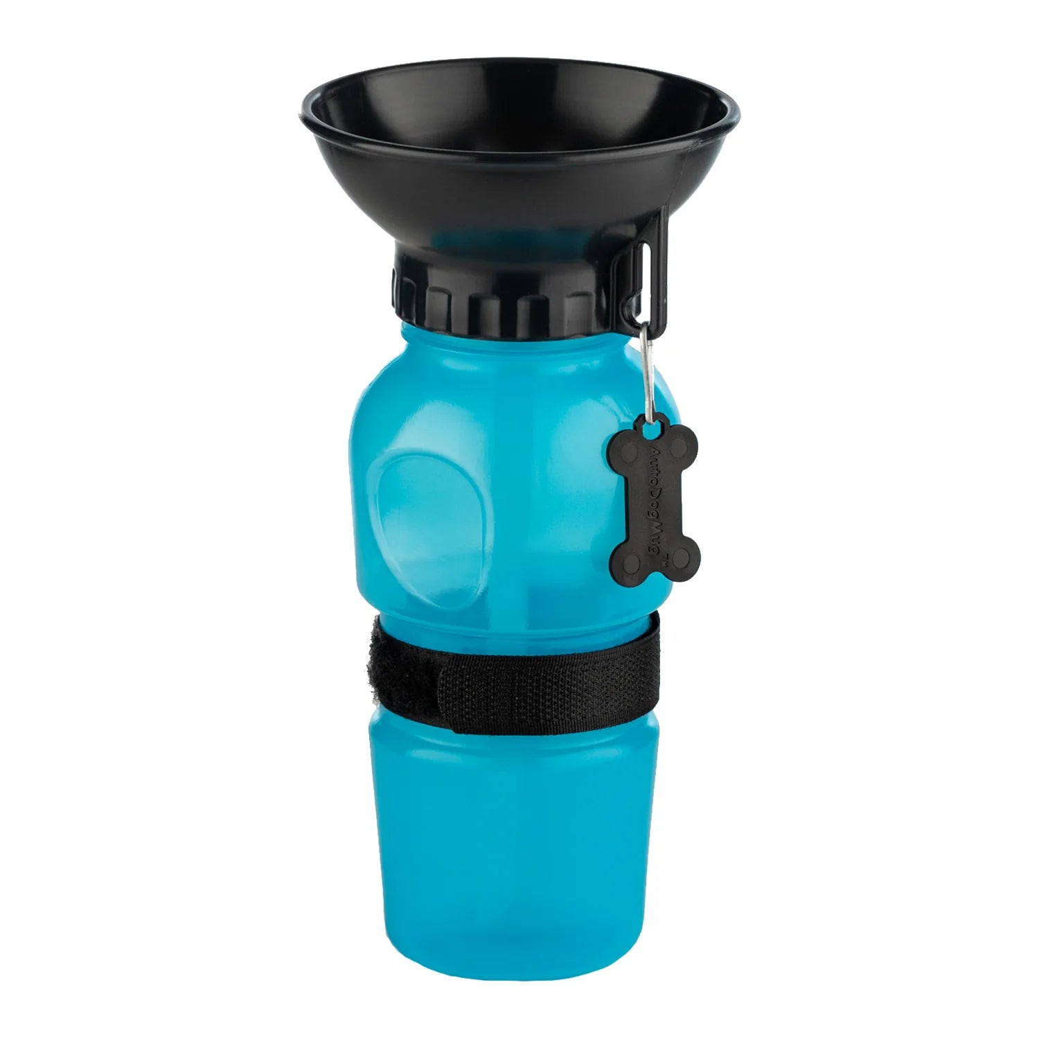 Blue pet water bottle with black funnel on a white background