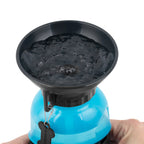 Blue water bottle with a black funnel-like top on a white background