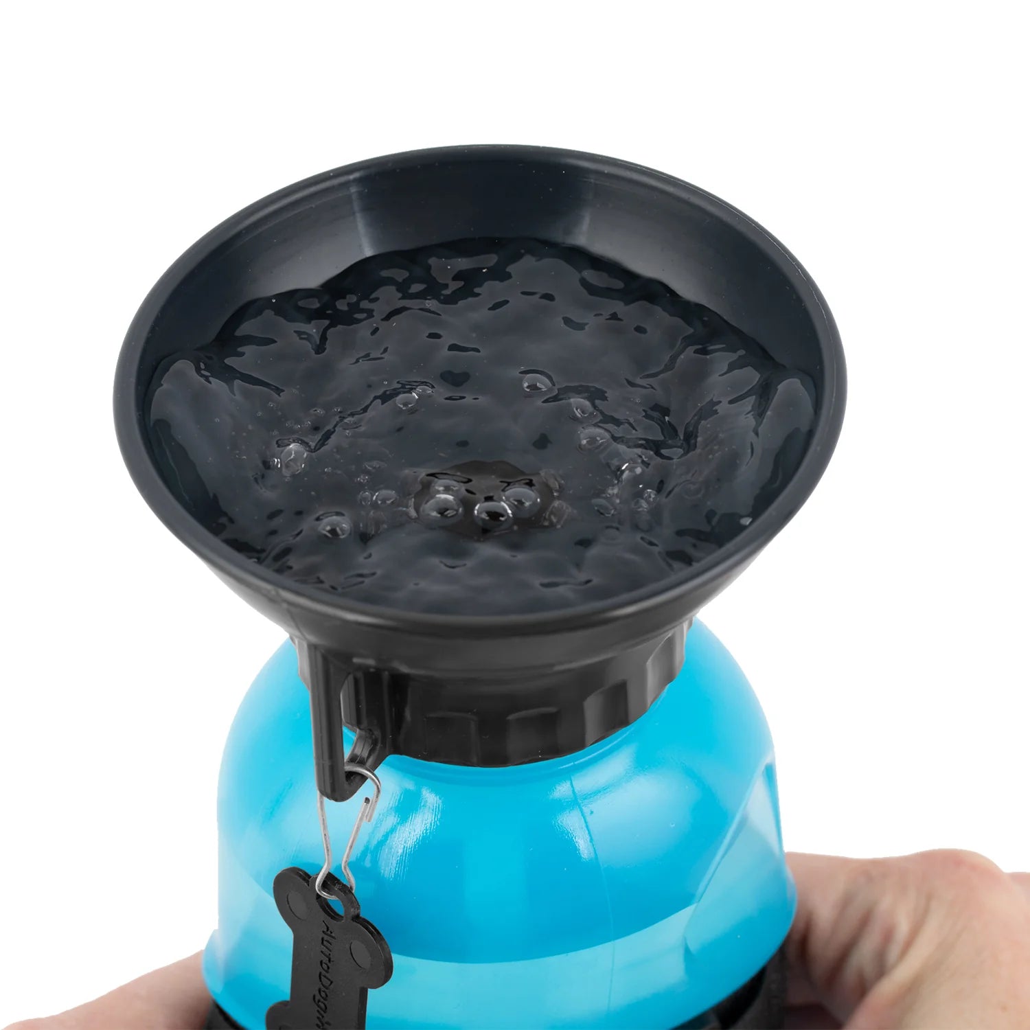 Blue water bottle with a black funnel-like top on a white background