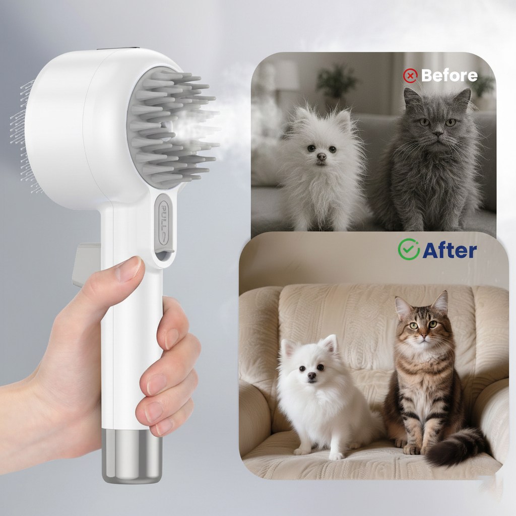 Handheld pet grooming brush with 'Before' and 'After' images of pets on a couch.