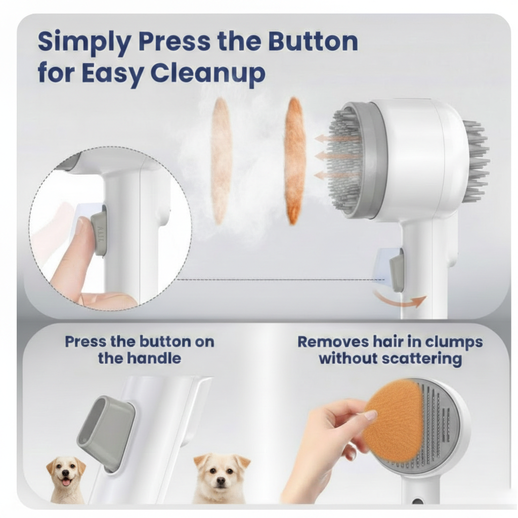 Dog grooming tool with instructions on how to use it for easy cleanup.