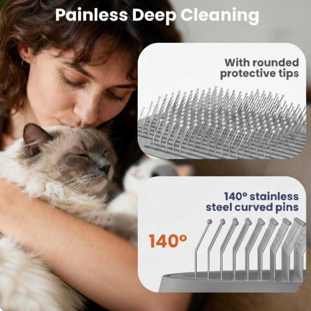 Woman holding a cat with grooming comb features highlighted