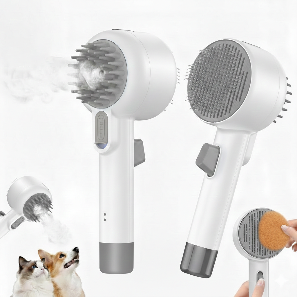 Pet grooming tool with bristle brush and nozzle on a white background