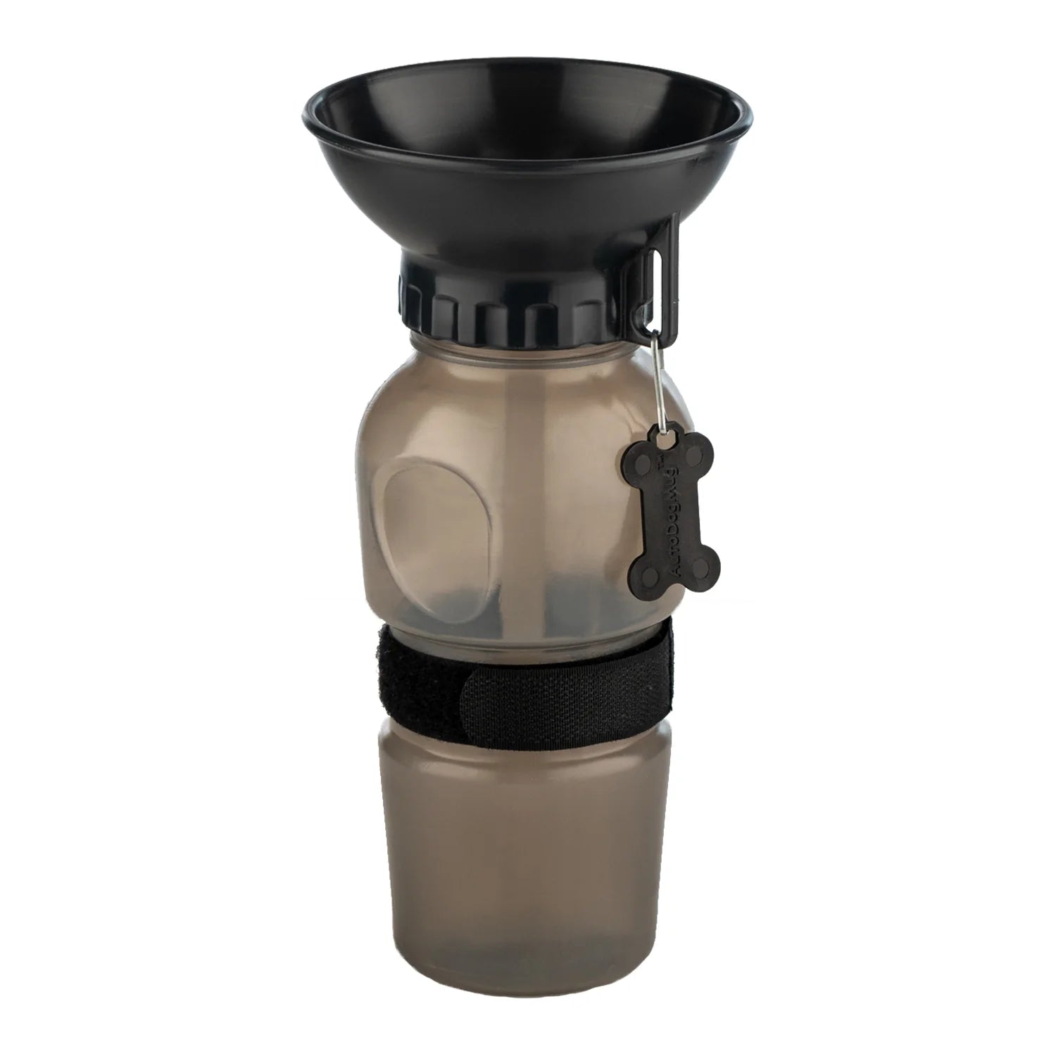 Pet water bottle with black funnel on a white background