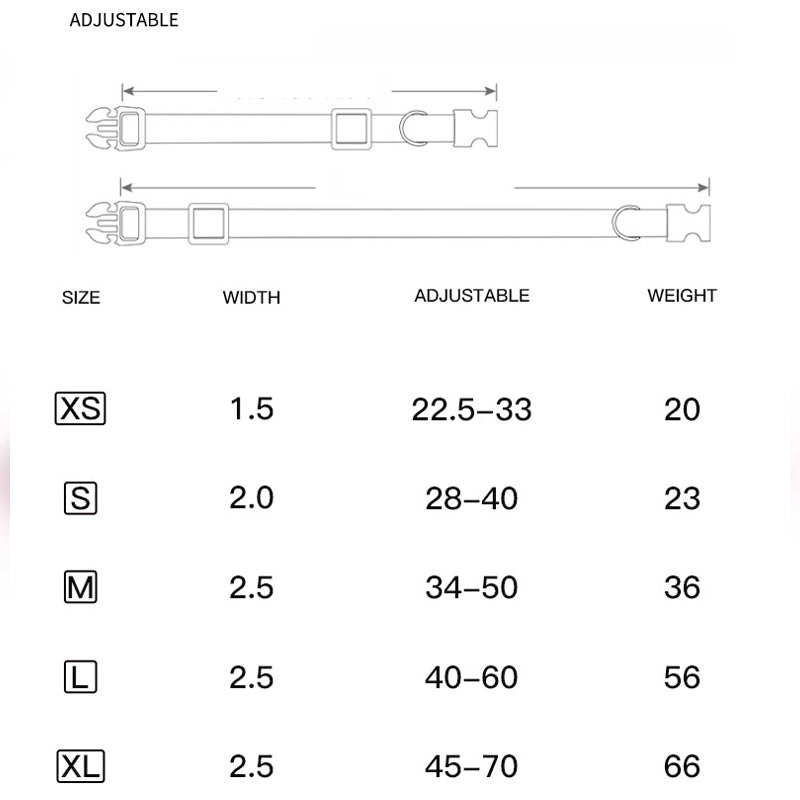 Measurement chart for an adjustable belt with size, width, adjustable range, and weight details.