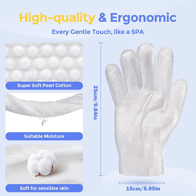 White glove with text highlighting high-quality and ergonomic features on a light blue background