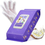 Purple packaging of pet glove wipes with a white glove and coconut oil product on a white background