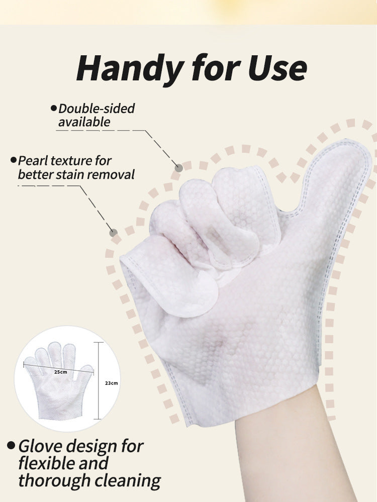 White cleaning glove with text highlighting features on a beige background