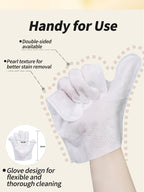 White cleaning glove with text highlighting features on a beige background