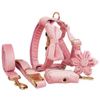 Pink dog harness, leash, and flower accessory set on a white background