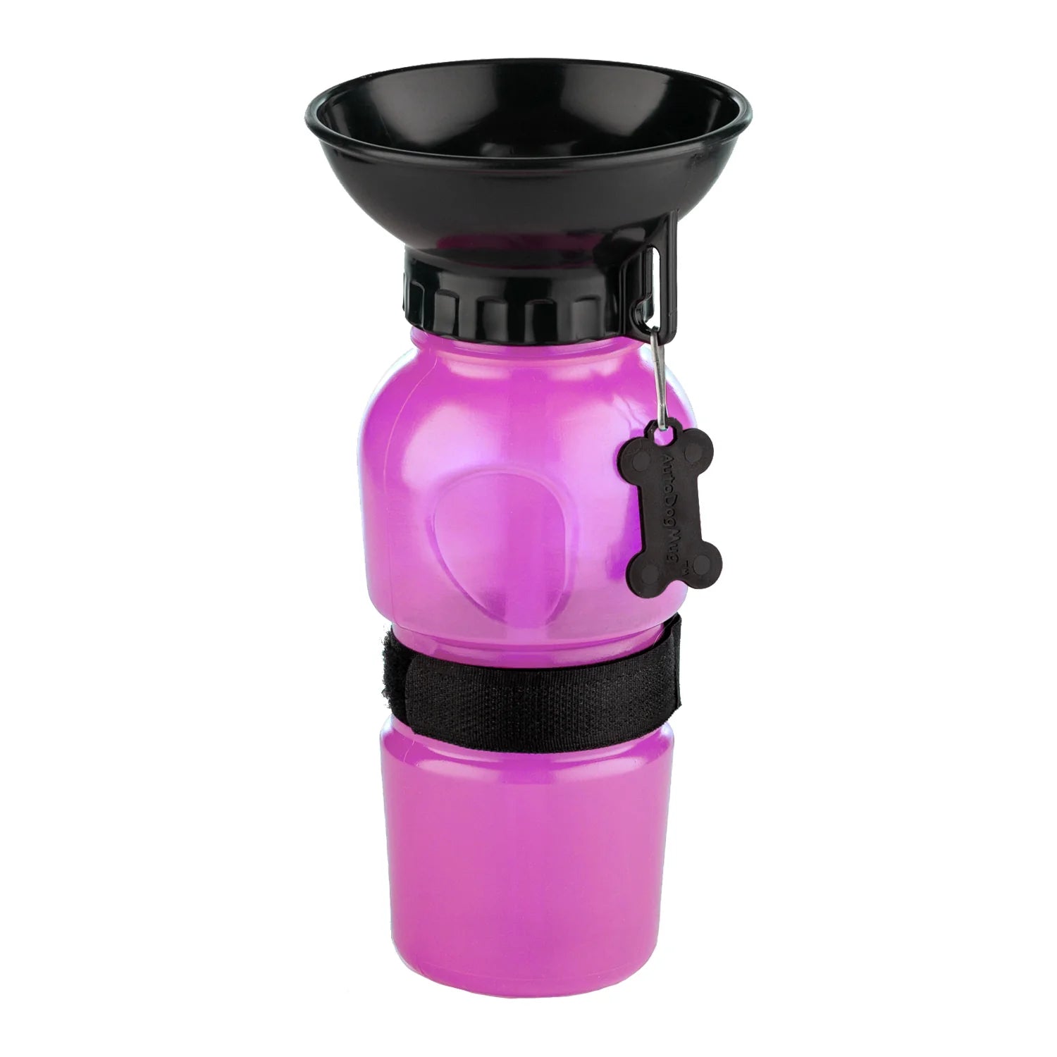 Pink pet water bottle with black lid and holder on a white background