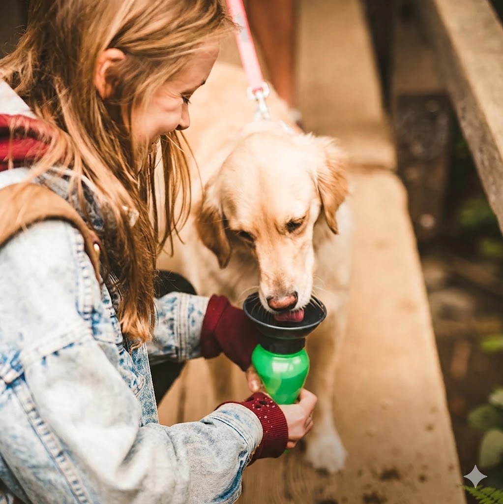 Girl and dog interacting with a green water bottle holder outdoors.