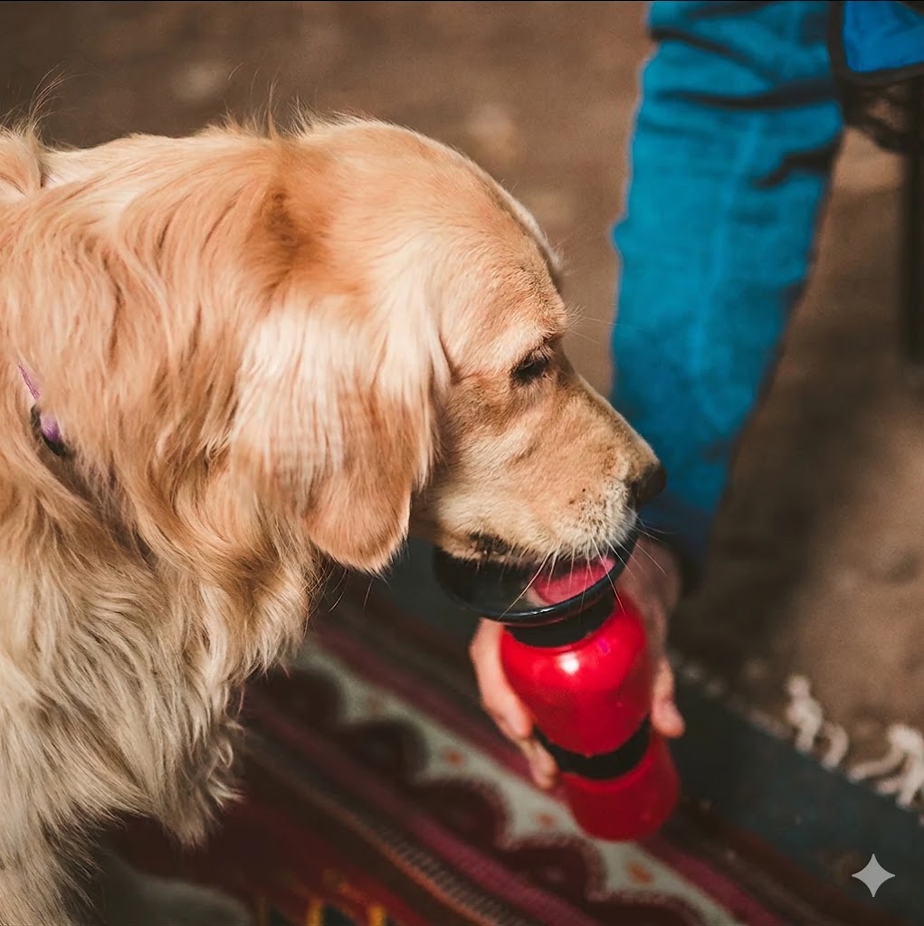 Dog drinking from a red water bottle held by a person in a blue jacket.