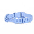 Light blue dog collar with 'LUNA' engraving on a white background