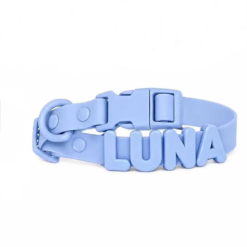 Light blue dog collar with 'LUNA' engraving on a white background