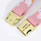 Pink dog leash with gold buckle and engraved nameplate on a white background