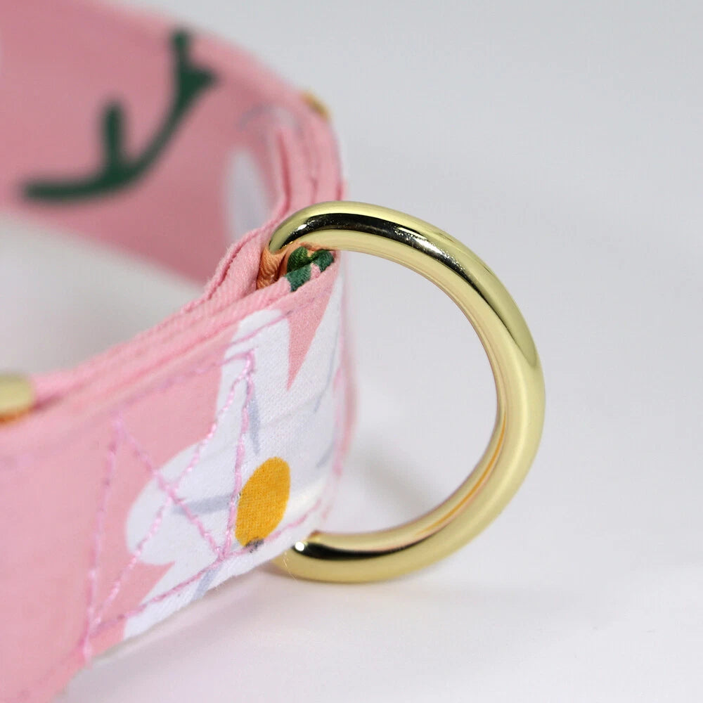 Close-up of a pink dog collar with floral design and gold ring on a white background