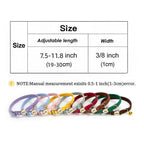 Colorful dog collars with size chart on a white background